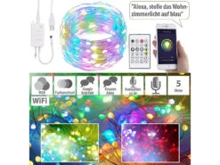 Luminea Home Control WLAN Lichterkette:RGB-LED-Lichterdraht Mit Musik-Steuerung, WLAN Und App, USB, 5 M