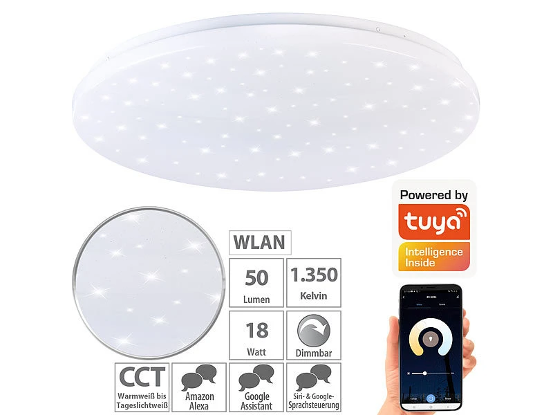 Luminea Home Control Deckenbeleuchtung:Smarte WLAN-Sternen-Deckenleuchte Mit CCT-LEDs, 36 W, 2500 Lm, Ø 48 Cm