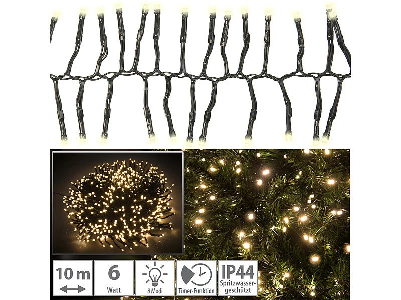 Lunartec Terrassen-Lichterkette:2er LED-Büschel-Lichterkette, 1.000 LEDs, 8 Modi, IP44, 10 M, Warmweiß – Bild 10