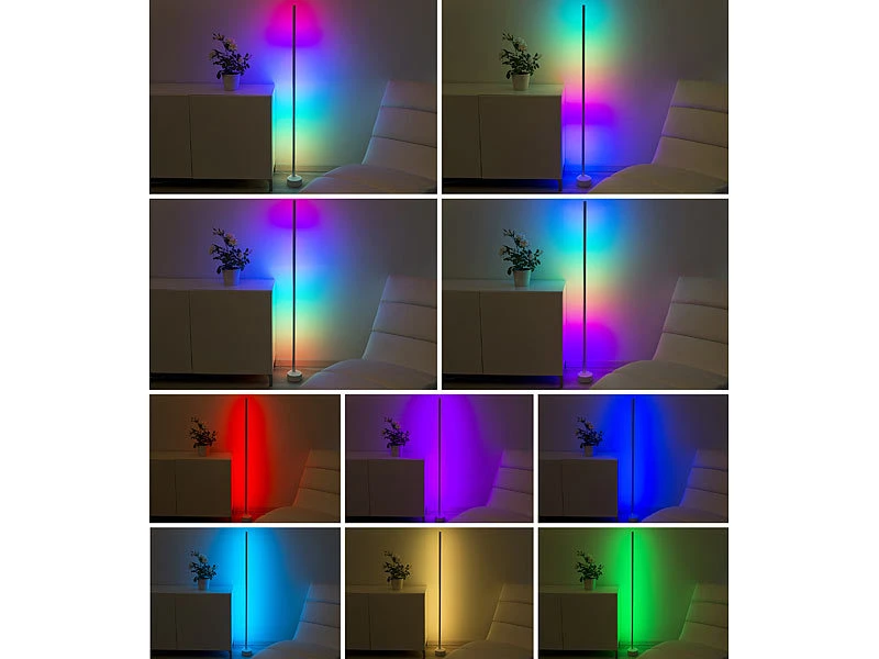 Luminea Home Control Eck Stehlampe:4er-Set WLAN-Steh-/Eck-Leuchten Mit RGB-CCT-IC-LEDs, 12W, Dimmbar, App – Bild 5