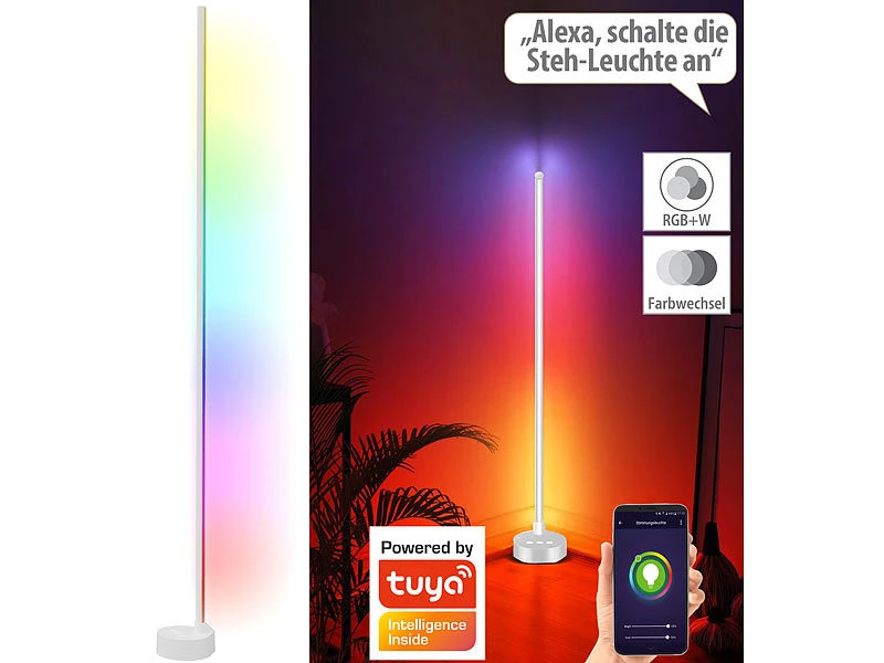 Luminea Home Control Eck Stehlampe:4er-Set WLAN-Steh-/Eck-Leuchten Mit RGB-CCT-IC-LEDs, 12W, Dimmbar, App – Bild 12