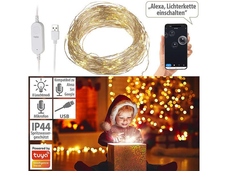 Luminea Home Control Drahtlichterkette:2er Set WLAN-Kupferdraht-Lichterkette Mit 100 LEDs, 8 Modi, App, 10 M – Bild 9