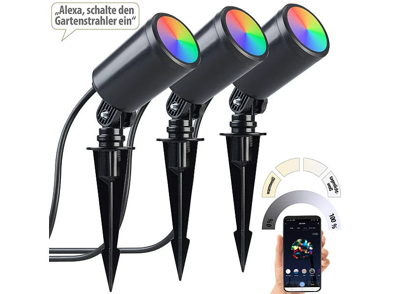 Luminea Home Control LED-Wegeleuchten 230V:3er-Set WLAN-Gartenstrahler, Dimmbar, RGB & CCT, Versandrückläufer – Bild 7