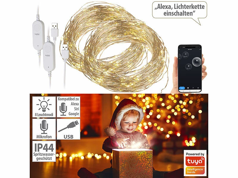 Luminea Home Control Drahtlichterkette:2er Set WLAN-Kupferdraht-Lichterkette Mit 100 LEDs, 8 Modi, App, 10 M