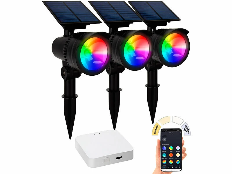 Lunartec Solarlampe Erdspiess:3er-Set RGB-CCT-LED-Spot Mit Bluetooth, 50 Lm, 1 W, IP44 Inkl. Gateway – Bild 2