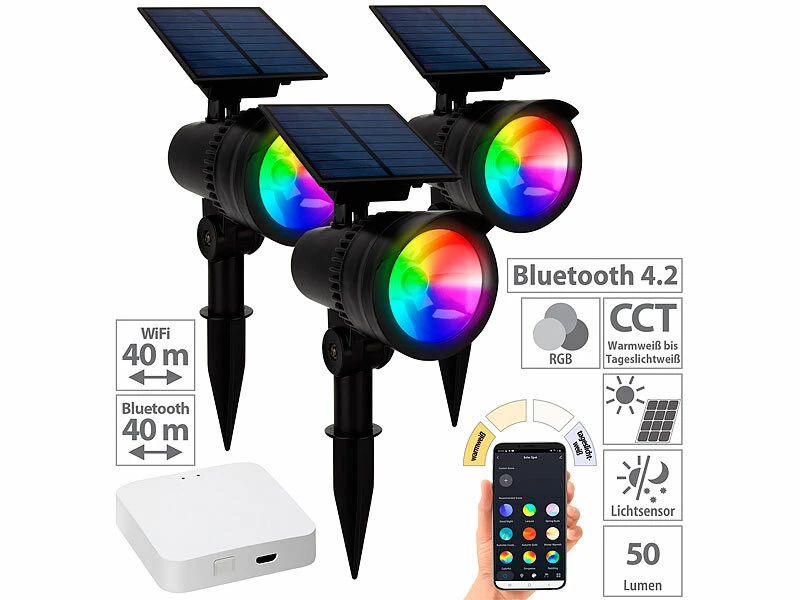 Lunartec Solarlampe Erdspiess:3er-Set RGB-CCT-LED-Spot Mit Bluetooth, 50 Lm, 1 W, IP44 Inkl. Gateway