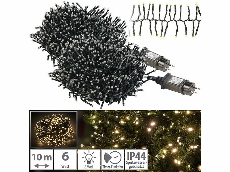 Lunartec Terrassen-Lichterkette:2er LED-Büschel-Lichterkette, 1.000 LEDs, 8 Modi, IP44, 10 M, Warmweiß