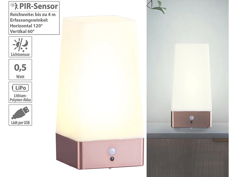 Lunartec LED Akku Tischleuchte:2er-Set LED-Akku-Tischlampen Mit PIR-Bewegungs-Sensor, USB, Warmweiß – Bild 5
