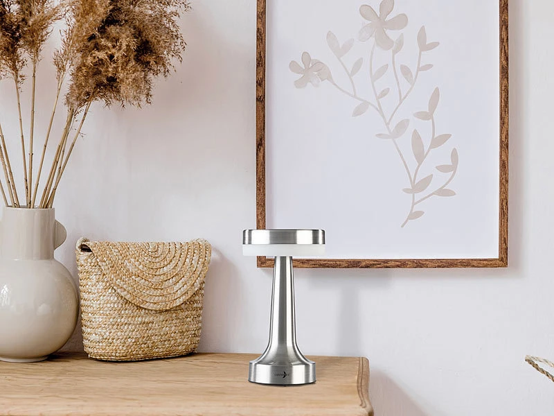 Lunartec LED Tischlampe Kabellos:2er Set LED-Akku-Tischleuchte,3 Dimmstufen,Edelstahl-Optik,1.500 MAh – Bild 5