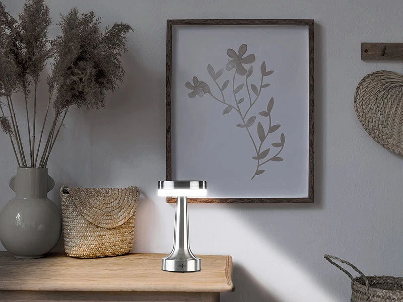 Lunartec LED Tischlampe Kabellos:2er Set LED-Akku-Tischleuchte,3 Dimmstufen,Edelstahl-Optik,1.500 MAh – Bild 3