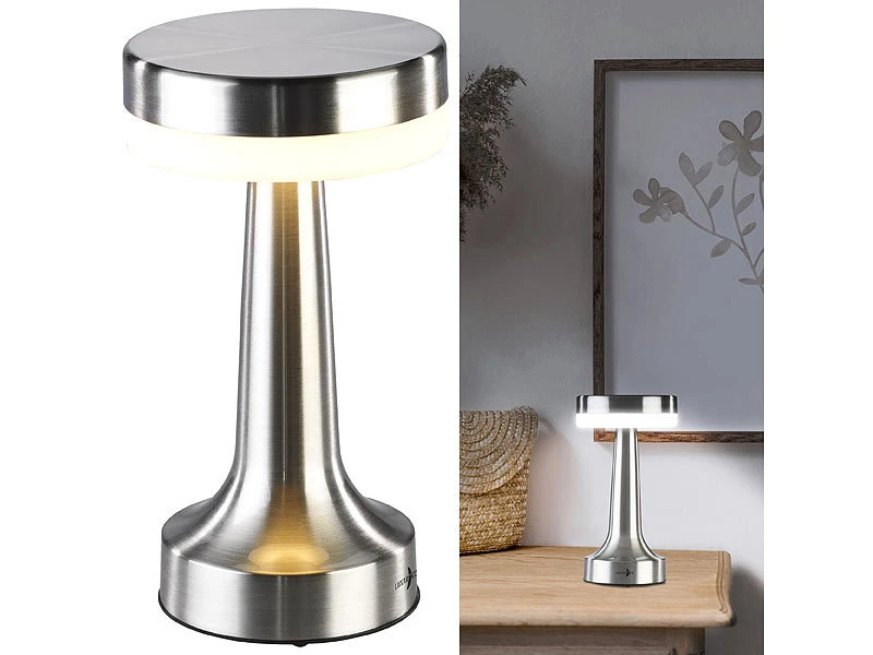 Lunartec LED Tischlampe Kabellos:2er Set LED-Akku-Tischleuchte,3 Dimmstufen,Edelstahl-Optik,1.500 MAh – Bild 11