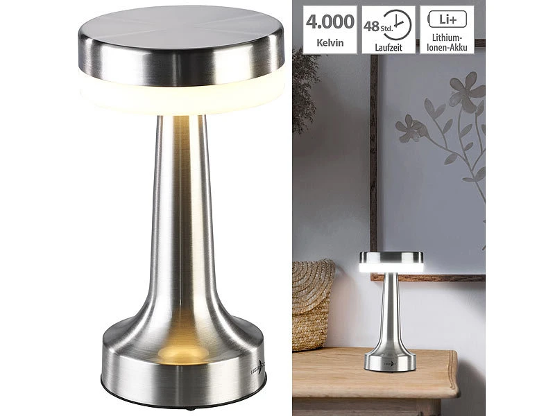Lunartec LED Tischlampe Kabellos:2er Set LED-Akku-Tischleuchte,3 Dimmstufen,Edelstahl-Optik,1.500 MAh – Bild 10