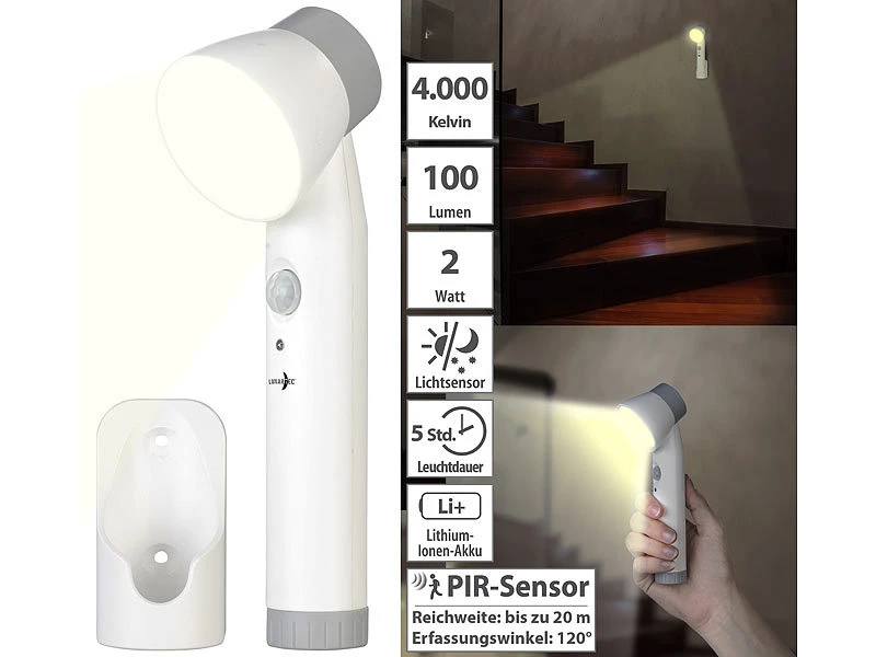 Lunartec Treppenleuchte:3in1-Multifunktions-Leuchte & Nachtlicht Mit Akku, 100 Lm, PIR-Sensor