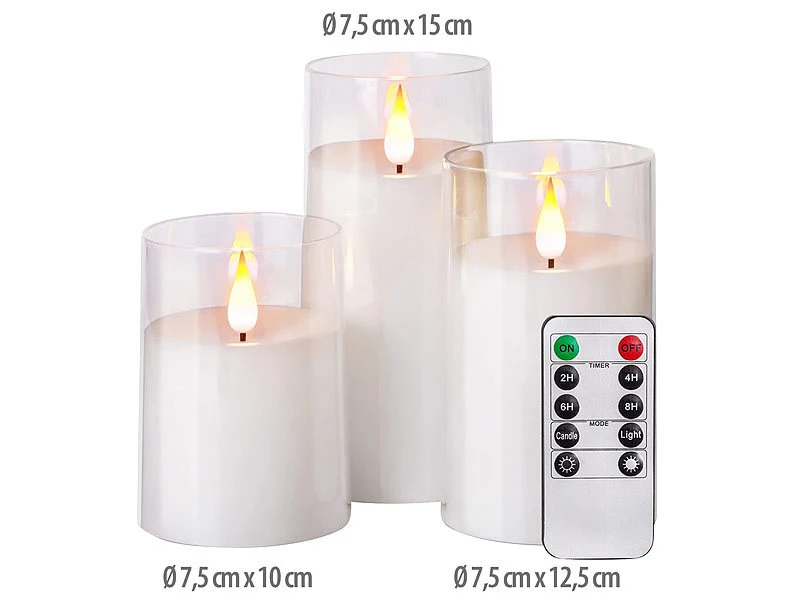 Britesta LED-Kerzen-Set Mit Timer:3er-Set LED-Echtwachskerzen In Transparenten Acrylgläsern, 3 Größen – Bild 3