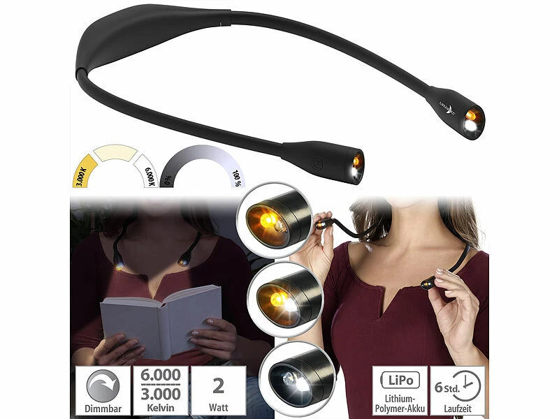 Lunartec Leselampe:LED-Leseleuchte Zum Umhängen, Akku Mit 6 Std. Laufzeit, Dimmbar, 2 W