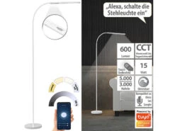 Luminea Home Control Stehlampe:Smarte WLAN-Stehleuchte, CCT-LEDs, Schwanenhals, Dimmbar, App, Weiß
