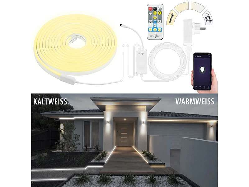 Lunartec LED Stripe:WLAN-Lichtschlauch Mit CCT-LEDs, App, Sprachsteuerung, IP65, 5 M – Bild 2