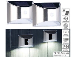 Lunartec LED Lampe Bewegung:2er-Set Solar-LED-Wandleuchte Mit PIR-Sensor, Edelstahl, 20 Lm, IP44