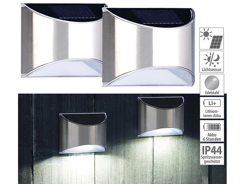 Lunartec Solarlampen:4er-Set Solar-LED-Wandleuchte Mit Lichtsensor, Edelstahl, 20 Lm, IP44 – Bild 5