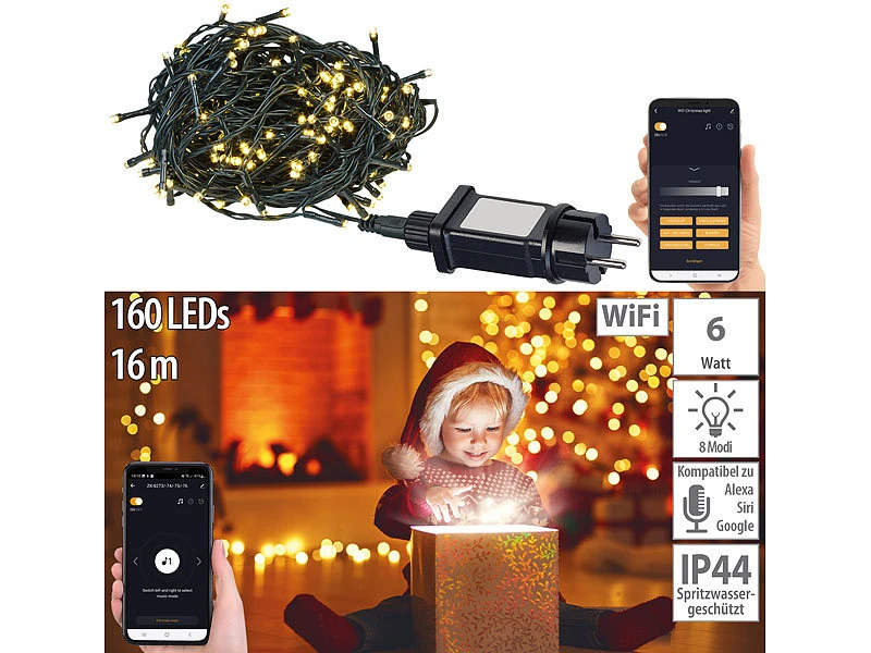 Lunartec LED-Lichterkette Draußen:WLAN-Lichterkette Mit 160 Warmweißen LEDs, 8 Modi, App, IP44, 16 M