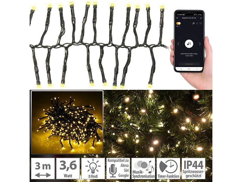 Lunartec LED-Lichterketten Strom:2er SetLED Wifi Büschel Lichterkette,300warmweiße LEDs,Tuya,dunkelgrün – Bild 8