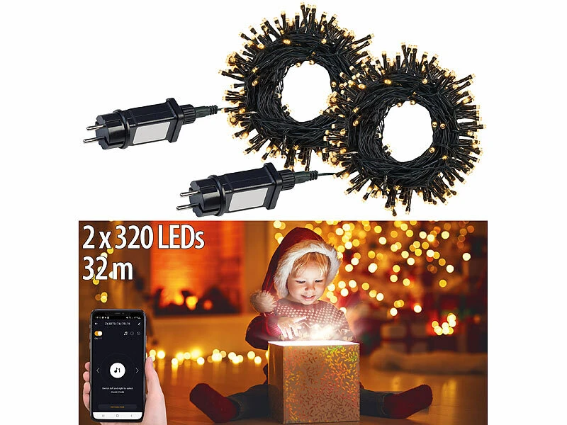 Lunartec Lichterkette 230 Volt:2er Set Wifi LED Lichterkette Mit 320 LEDs, Warmweiß,für Innen & Außen – Bild 2