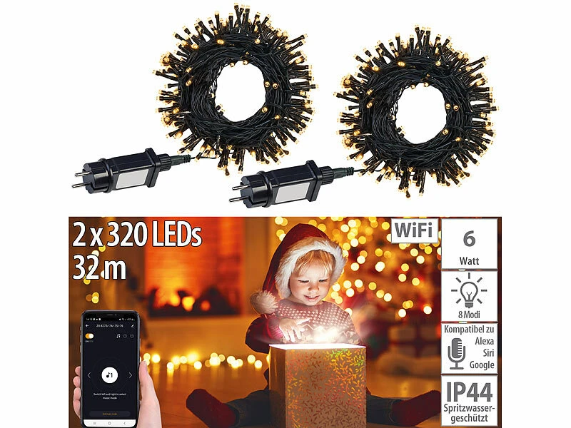 Lunartec Lichterkette 230 Volt:2er Set Wifi LED Lichterkette Mit 320 LEDs, Warmweiß,für Innen & Außen