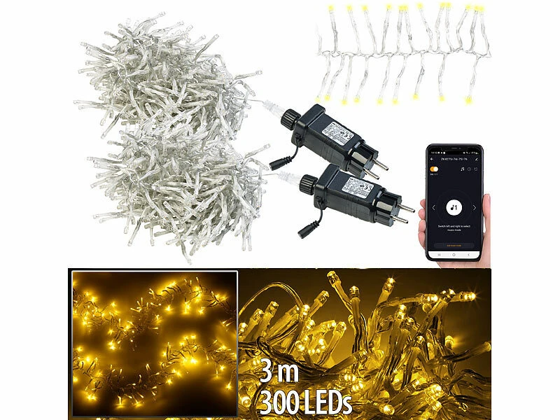 Lunartec LED-Lichterketten Innen:2er Set LED Wifi Büschel Lichterkette, 300 Warmweiße LEDs,Tuya,durchs. – Bild 2