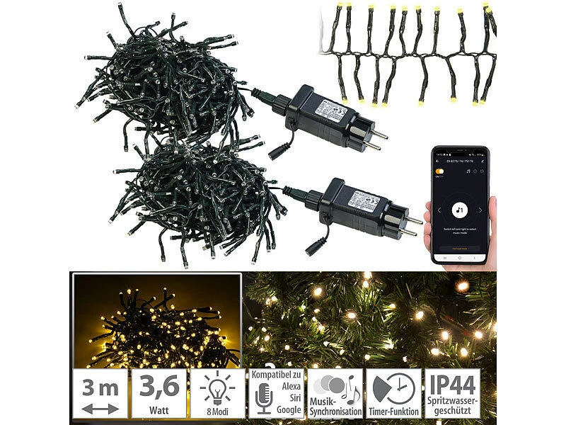 Lunartec LED-Lichterketten Strom:2er SetLED Wifi Büschel Lichterkette,300warmweiße LEDs,Tuya,dunkelgrün