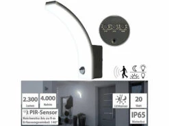 Lunartec LED-Außenleuchte Wand:LED-Außenwandleuchte Mit PIR-Sensor, 2.300 Lm, 20 W, IP65, Schwarz