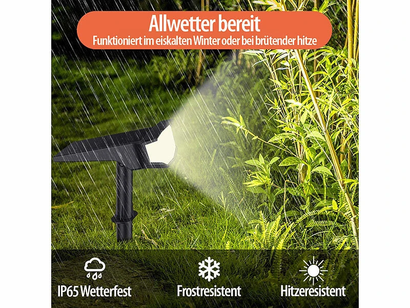Luminea LED-Solarleuchten Garten:2er-Set High-Power-Solar-LED-Gartenspots, 650 Lm, IP65, Warmweiß – Bild 5
