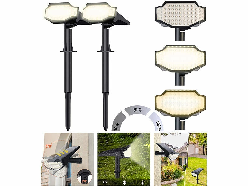 Luminea LED-Solarleuchten Garten:2er-Set High-Power-Solar-LED-Gartenspots, 650 Lm, IP65, Warmweiß – Bild 2