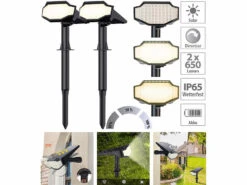 Luminea LED-Solarleuchten Garten:2er-Set High-Power-Solar-LED-Gartenspots, 650 Lm, IP65, Warmweiß
