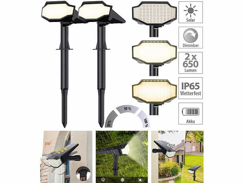 Luminea LED-Solarleuchten Garten:2er-Set High-Power-Solar-LED-Gartenspots, 650 Lm, IP65, Warmweiß
