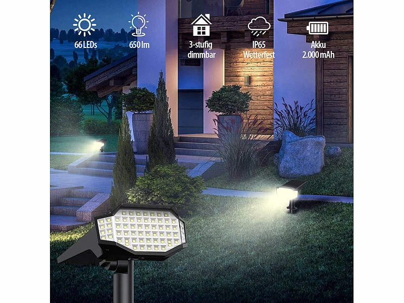 Luminea LED-Solarleuchten Garten:2er-Set High-Power-Solar-LED-Gartenspots, 650 Lm, IP65, Warmweiß – Bild 6