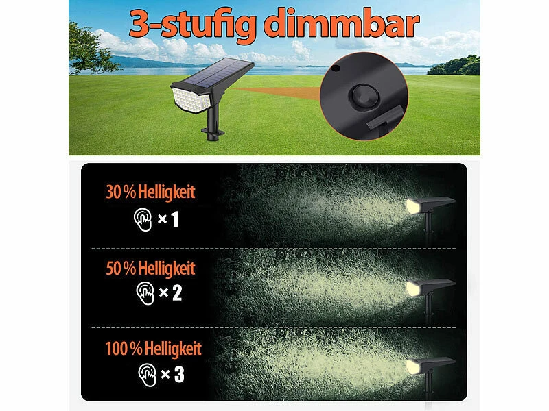 Luminea LED-Solarleuchten Garten:2er-Set High-Power-Solar-LED-Gartenspots, 650 Lm, IP65, Warmweiß – Bild 7