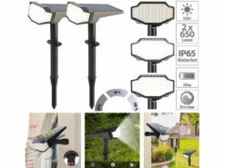 Luminea Solar-Wandlampe Außen:2er-Set High-Power-Solar-LED-Gartenspots, 650 Lm, IP65, Tageslichtweiß