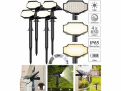 Luminea LED-Solarleuchte Garten:4er Set High Power Solar LED Gartenspot, IP65, 650Lm, Warmweiß