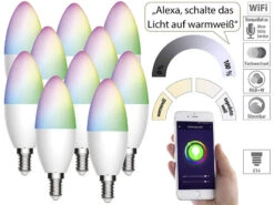Luminea Home Control Alexa Glühbirnen E14:10er-Set WLAN-LED-Lampe Für Amazon Alexa/Google Assistant, E14, 5,5 W