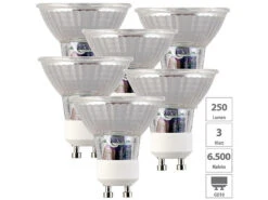 Luminea 6er-Set LED-Glas-Spots, GU10, 3W (ersetzt 25W), 250lm, Tageslichtweiß