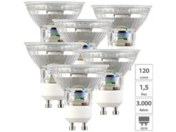 Luminea LED-Lampen GU10 Warmweiß:6er-Set LED-Glas-Spots, GU10, 1,5 W (ersetzt 15W), 120 Lm, Warmweiß