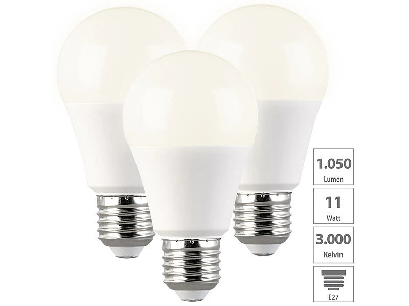 Luminea Glühbirne LED E27:3er Set LED-Lampen, E, 9 W (ersetzt 120 W), E27, Warmweiß, 1.050 Lm