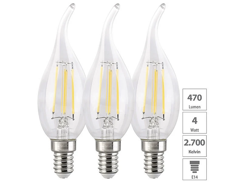 Luminea Filament Lampen E14:3er-Set LED-Filament-Kerze E14, 4W (ersetzt 40W), 470lm Warmweiß, Ba35