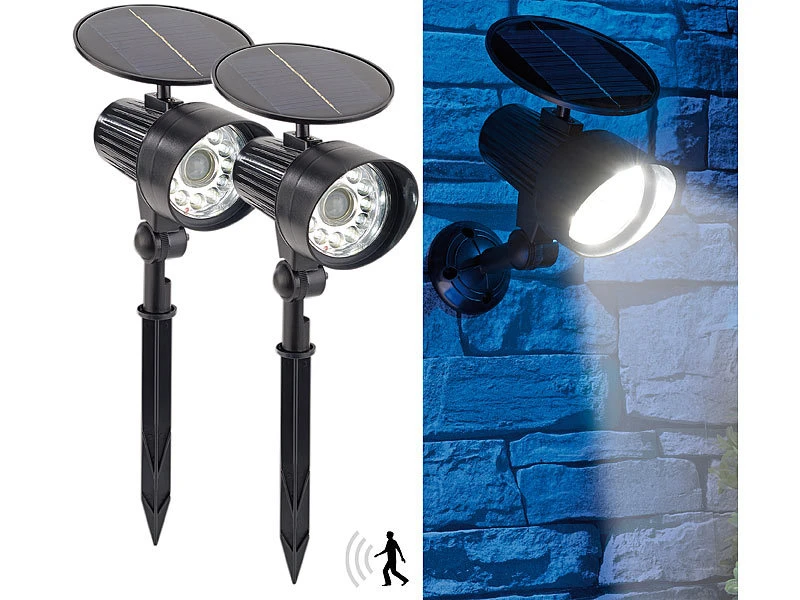 Royal Gardineer Solar Scheinwerfer:2er-Set 2in1-Solar-LED-Wand- Und Wegeleuchten Mit Licht- & PIR-Sensor – Bild 2