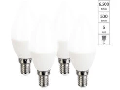 Luminea Leuchtmittel E14:4er-Set LED-Kerzen, Tageslichtweiß, 500 Lumen, E14, 6 Watt, 6500 K