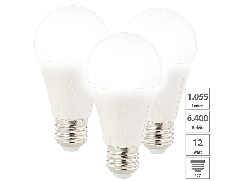 Luminea LED E27 Tageslicht:3er-Set LED-Lampe E27, Klasse E, 9 W, Tageslichtweiß 6400K, 1.050 Lm