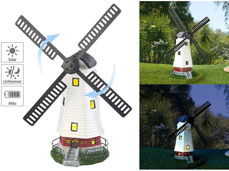 Lunartec Deko-Windmühle Garten:2er-Set Solar-Deko-Windmühlen Mit Drehendem Windrad & LED-Licht – Bild 4
