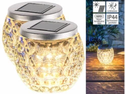 Lunartec Solar Tischlampe:Solar-LED-Windlicht, Glas, Tolles Lichtmuster, IP44, Ø 10 Cm, 2er-Set
