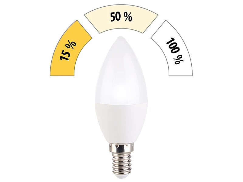 Luminea LED E14 Dimmbar:LED-Kerze, 3 Helligkeits-Stufen, Tageslichtweiß, 6500 K, 5,5 W, E14