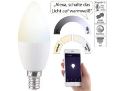 Luminea Home Control Glühbirne Dimmbar:WLAN-LED-Lampe, Für Siri, Alexa & Google Assistant, E14, Weiß (CCT), F